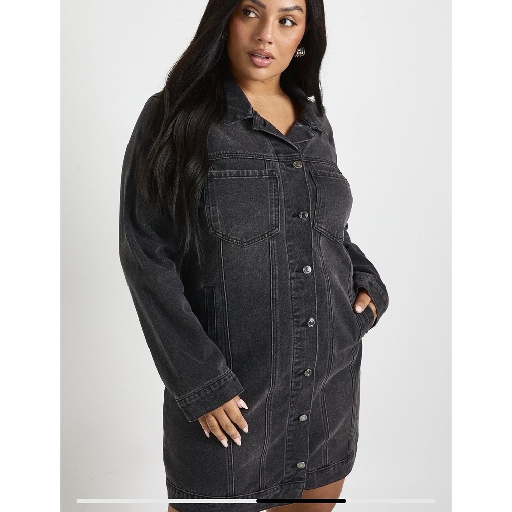 Pretty Little Thing Denim Black Trucker Dress Long Sleeve Western Americana Sz 2